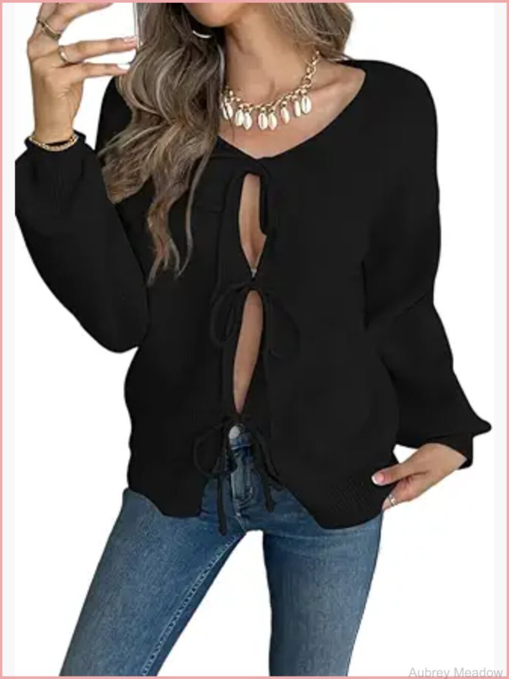 Self-Tie Front Open Knit Cardigan - Cropped Long Sleeve Sweater
